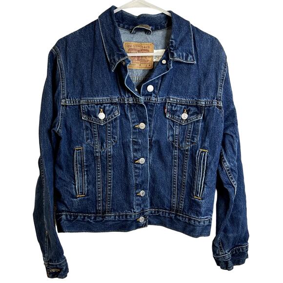 Women’s Vtg Levi's 77715-4837 ICONIC Dark Wash Denim TRUCKER Jean Jacket Sz M - Picture 1 of 8